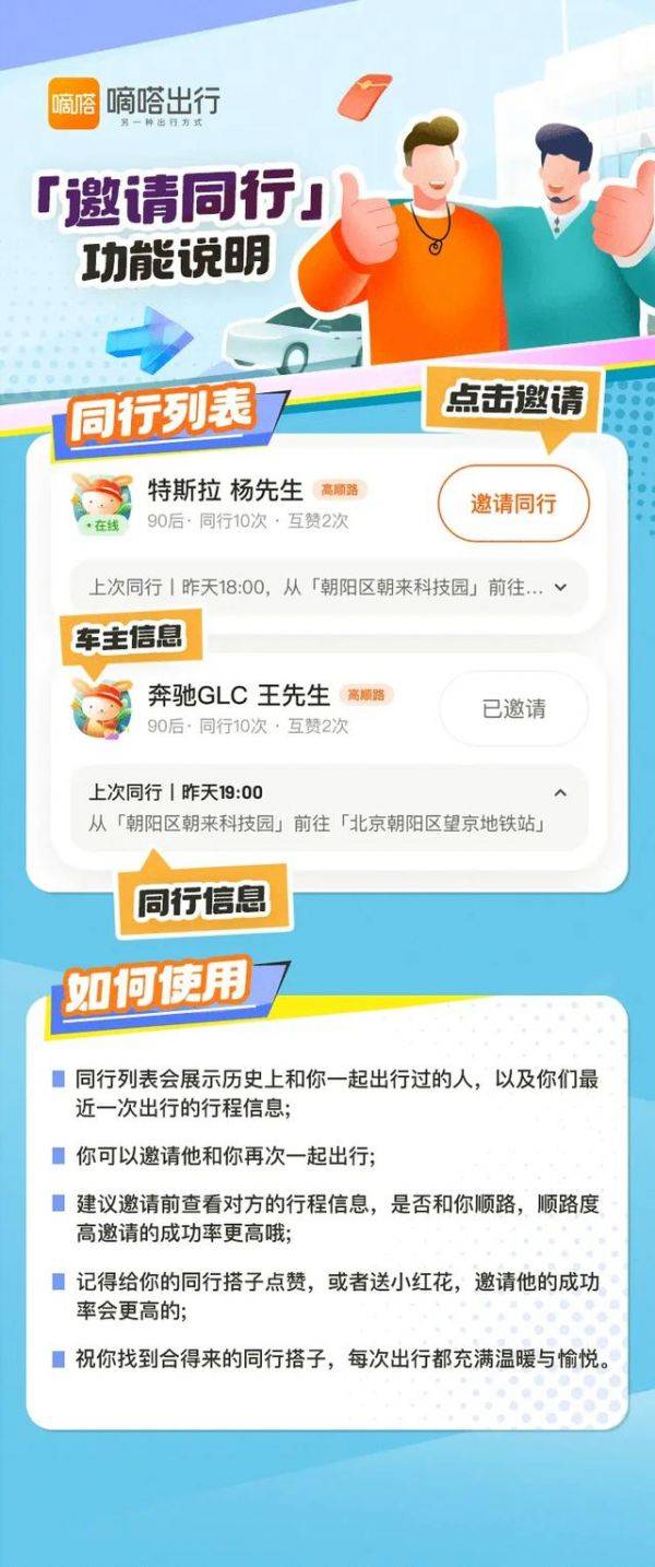 嘀嗒顺风车上线“再次同行邀请”功能 同行车主乘客可互邀再同行
