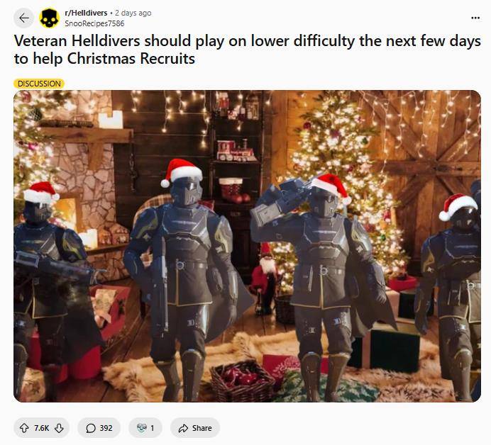 《绝地潜兵2》老玩家呼吁“化身圣诞老人”来为低难度新人提供帮助