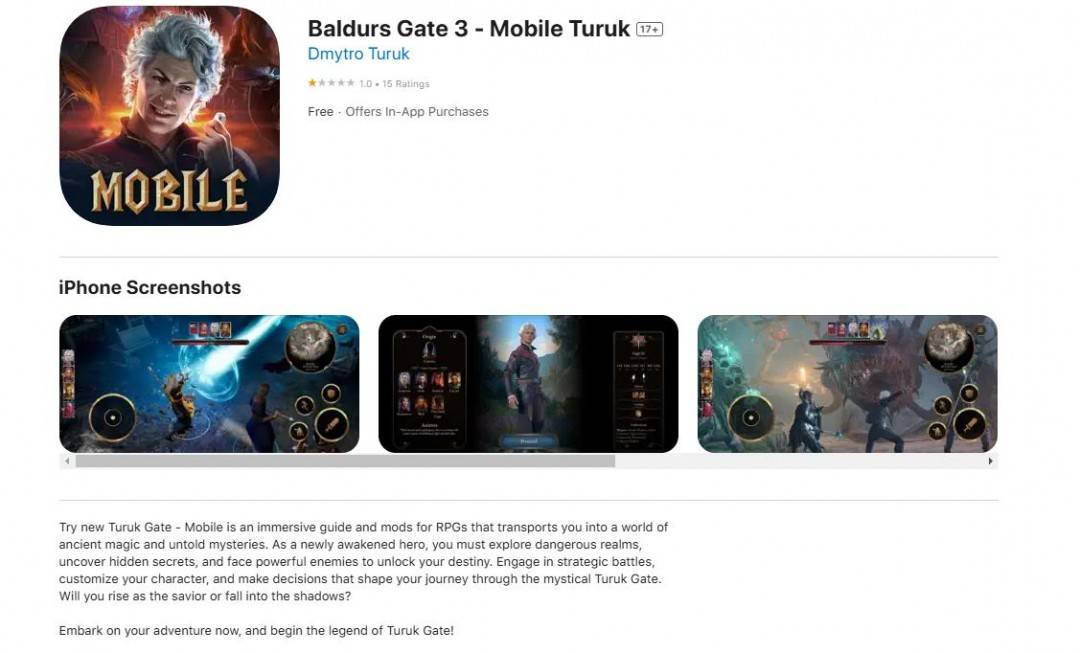 苹果商店出现假冒《博德之门3》 付费30美元才能玩
