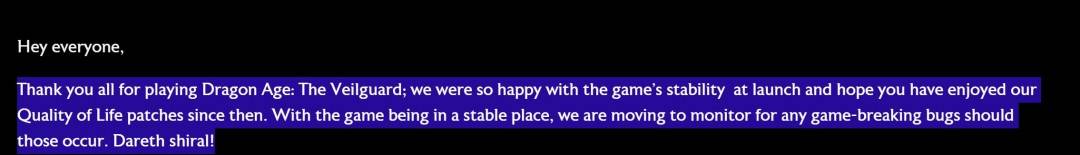 《龙腾世纪:影障守护者》不再有重大更新 BioWare停止支持