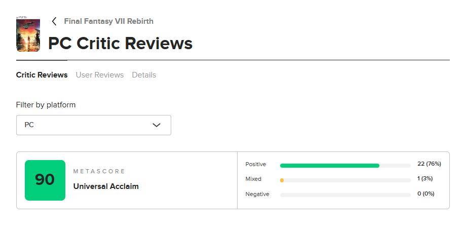 最终幻想7：重生PC版解锁在即，媒体评分解禁，好评如潮