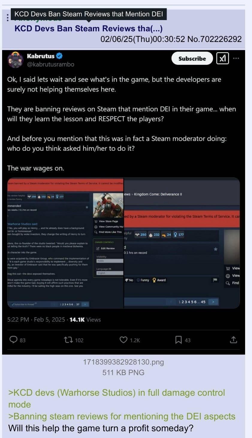《天国：拯救2》禁止大家在Steam上讨论DEI
