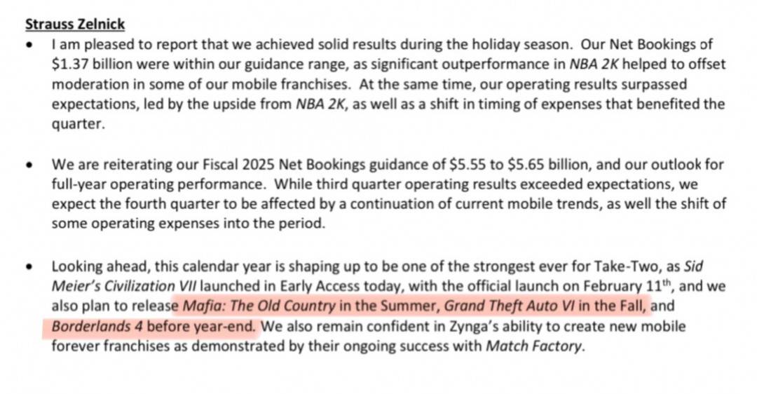 Take Two:《GTA6》仍定于2025年秋季发售