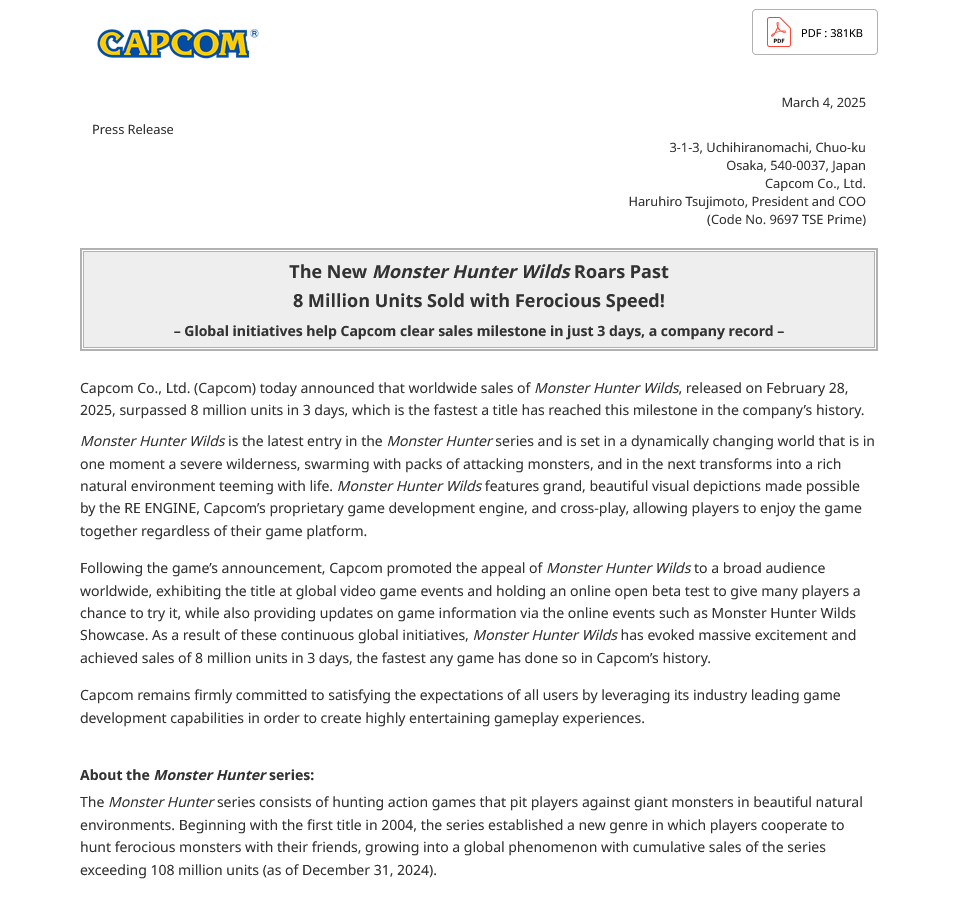 《怪物猎人：荒野》发售3天销量破800万！创卡普空最快纪录