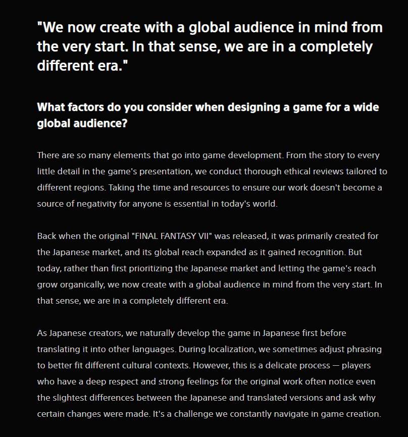 《最终幻想7：重生》导演：目标是全球观众 会进行彻底的道德审查