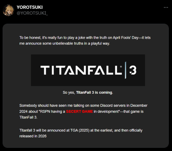 《泰坦陨落3》将在今年TGA公布，2026年发售