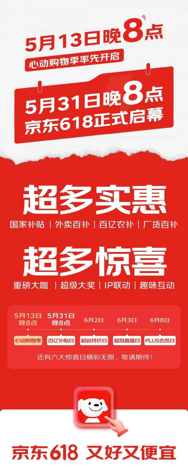 京东618活动定档5月31日，5月13日还有“心动购物季”